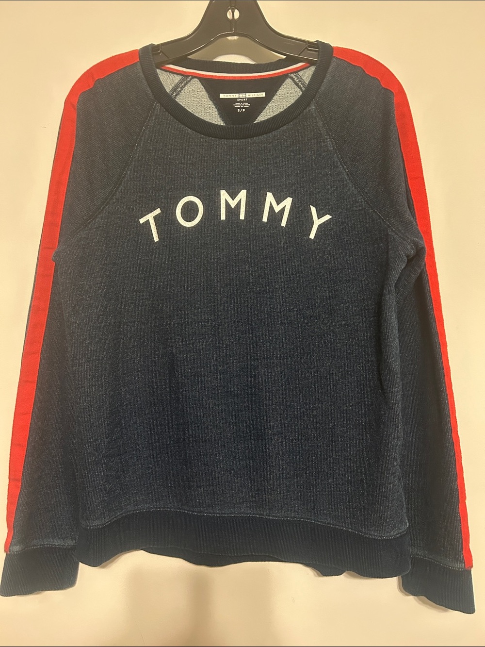 Tommy Hilfiger Washed Navy Sweatshirt with Red Shoulder Stripes